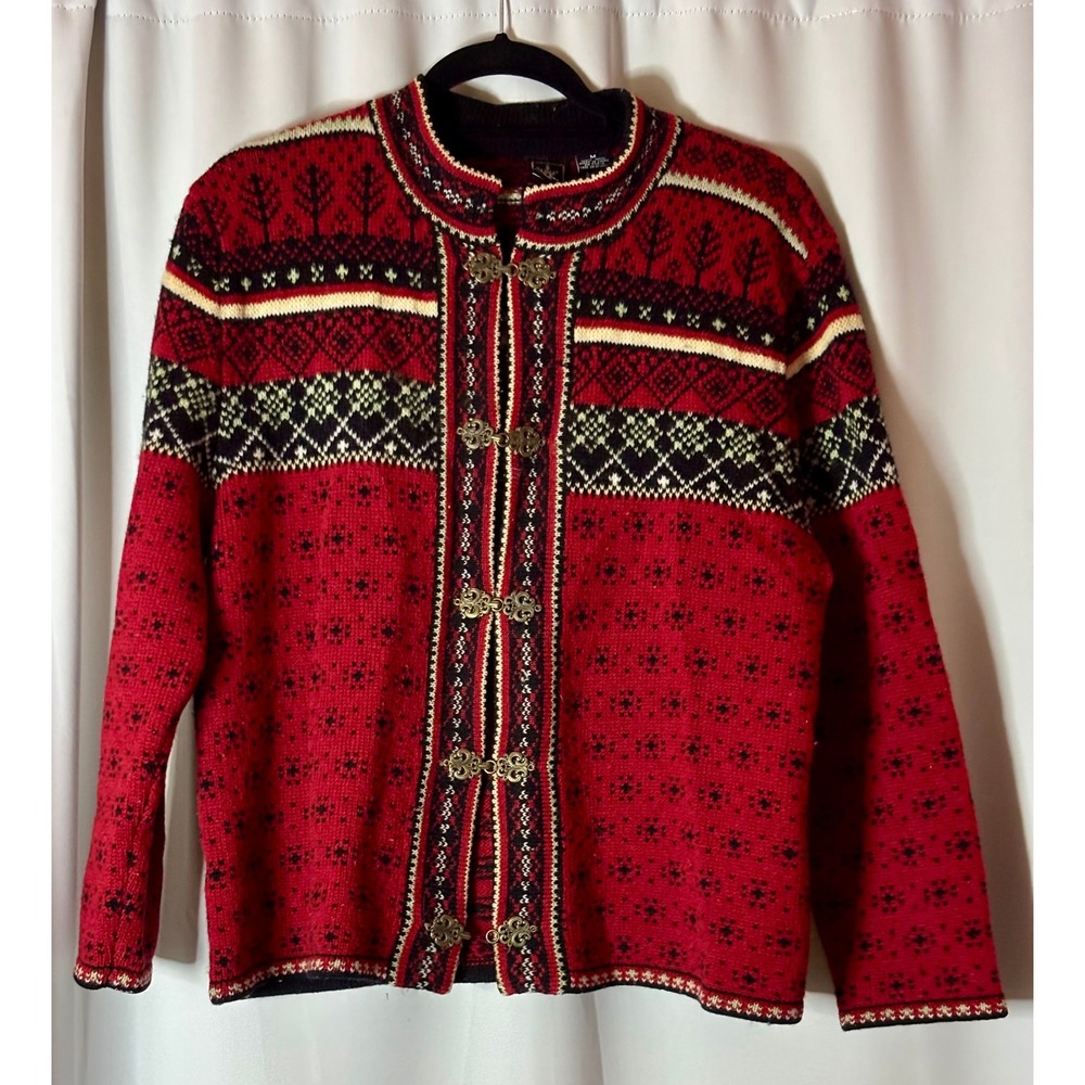 Vintage Skyr Womens 100% Wool Fair Isle Cardigan Sweater Frog Clasps Nordic Med